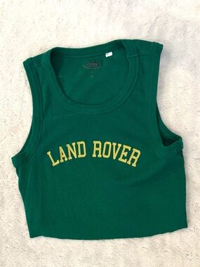 PACSUN Land Rover Green Ribbed Crop Tank with Yellow Logo